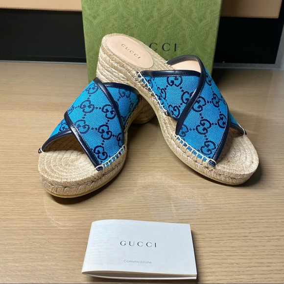 Gucci monogram sandals marmont espadrille canvas platform GG - Picture 1 of 5